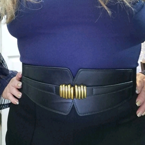 Womens Black Vintage corset boho elastic wide Faux leather gold stick waist belt - Picture 11 of 11